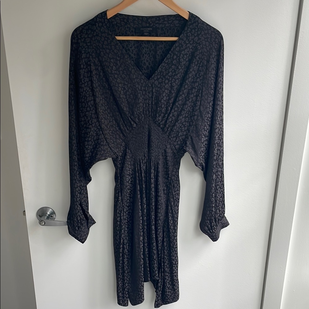 AllSaints Black Grey Nicola Leopard Patterned Long Sleeve Dress Size M